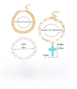 Detailed size guide for bohemian turquoise bracelet set including chain length and weight