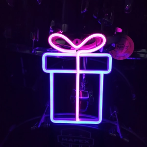 Pink and blue LED gift box neon sign light hanging on wall for Christmas room decor