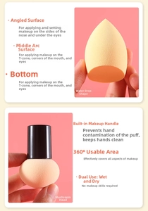 Detail showing teardrop beauty blender and mushroom head puff with black handle for makeup