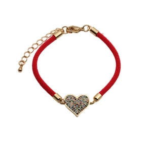 Adjustable red braided rope heart bracelet with colorful zircon stones in gold finish
