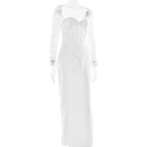Detail of white lace patchwork sleeves and bow decoration on a slim fit maxi dress
