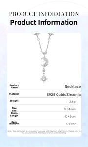 Detail specifications card for S925 silver star moon necklace with cz zircons