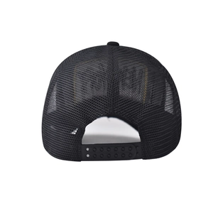 Detail view of the black mesh baseball cap with adjustable snapback closure and 3D embroidery