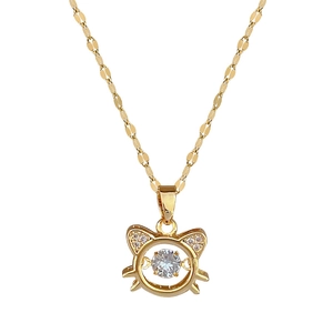 Elegant gold titanium steel cat pendant necklace with dancing zircon stone on white background