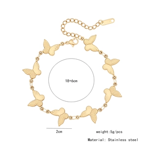 Detail of golden stainless steel butterfly bracelet with 18+6cm adjustable chain size
