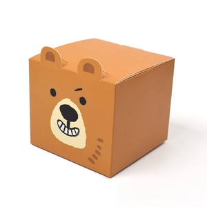 Square brown bear cartoon paper gift box with cute 3D ears and fold-out packaging design