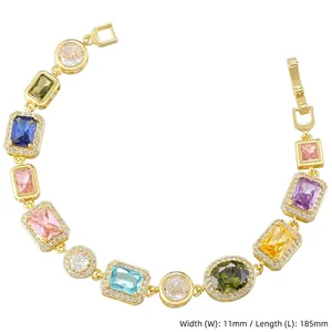 Detail view of multicolored gemstone bracelet with dimensions showing 11mm width and 185mm length