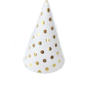 Minimalist white party cone hat with gold polka dots for children birthday celebration