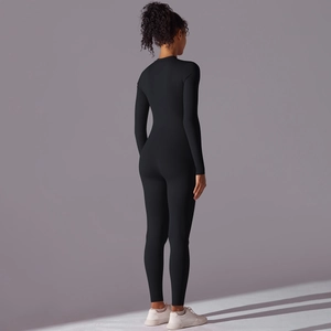 Back view of a high-elastic black long sleeve bodysuit showing body-hugging athletic fit
