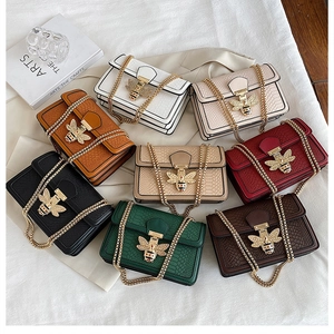 Fashion small square chain crossbody bags with metal bee buckle and crocodile pattern leather