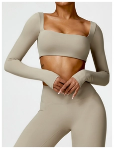 Detail of square neck long sleeve cropped yoga top in khaki high elasticity fabric