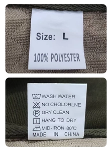 Detail of apparel care label showing size L and 100% polyester fabric composition