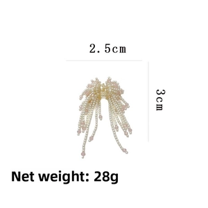 Detail view of pearl and pink crystal fringe hair claw clip with precise measurements