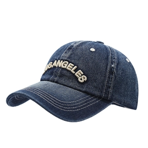 Casquette de baseball en jean bleu foncé vintage avec broderie 3D Los Angeles blanche