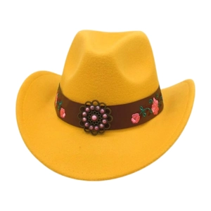 Detail of yellow felt cowboy hat with embroidered floral band and vintage metal bead