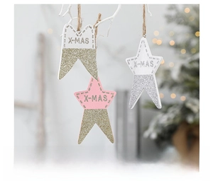 Three-piece gold and pink wooden X-MAS star hanging ornaments with glitter finish