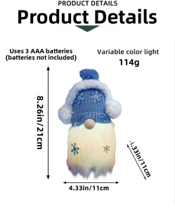 Blue LED Christmas gnome with snowflake hat, size 21x11cm, weight 114g, battery details