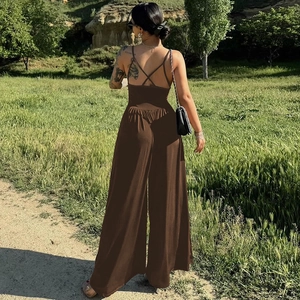 Detail of cross-back straps and backless design on brown wide-leg jumpsuit for women
