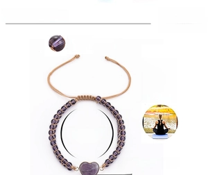 Detail showing adjustable purple amethyst bead bracelet with heart pendant and dimensions