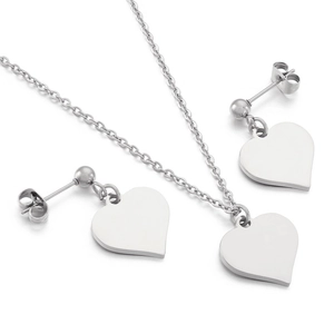 Polished stainless steel heart jewelry set with necklace and stud earrings on white background
