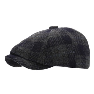 Retro plaid newsboy cap in dark grey and navy blue wool blend for men and women