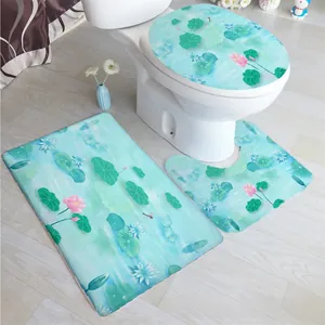 Dreiteiliges Badematten-Set mit Aquarell-Lotosblumen-Druck auf weichem Flanell-Stoff