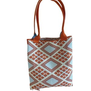 Ethnic style knitted tote bag with geometric rhombus pattern in blue and orange