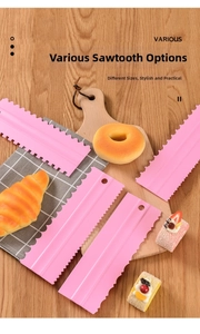 Close-up of four pink plastic cake scrapers with different serrated edges for cream texture