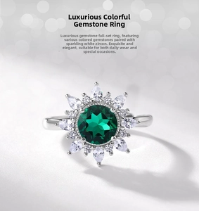 Detailed close-up of S925 silver sunflower ring with lab-grown emerald and white zircons