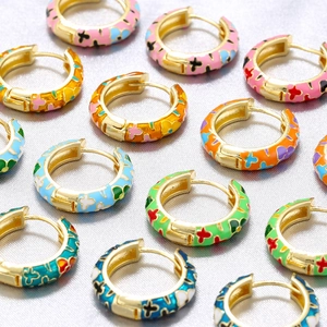 Enamel Flower Hoop Earrings Copper Retro Floral Design Vintage Style Gold Plated Huggie For Women