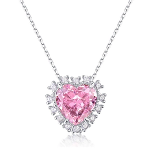 Pendente a cuore rosa in diamante al carbonio su collana in argento 925 con pietre