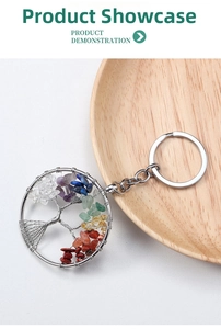 Close-up of Tree of Life keychain with colorful seven chakra natural crystal stones