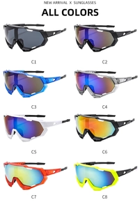 Matrix display of cycling sunglasses in eight vibrant colors including polarized lenses