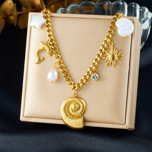 Ocean Theme Multi Pendant Necklace Stainless Steel Sea Snail Dolphin Faux Artificial Pearl Sun Star Rhinestone Jewelry For Women