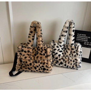 Faux fur leopard print tote bags in brown and white with detachable shoulder straps