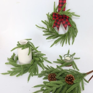 Norfolk pine Christmas decor set with wreaths, pine needles and natural pinecones
