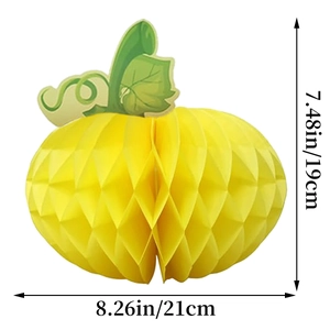 Bright yellow honeycomb paper pumpkin decoration with green stem and size dimensions