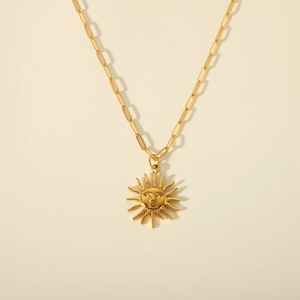 Vintage 18K gold plated stainless steel sun face pendant necklace with paperclip chain