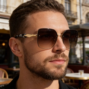 Men's large frame fashion sunglasses with gradient lenses and gold metal hinges