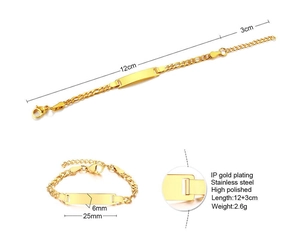 Polished gold-plated stainless steel child ID bracelet with 12+3cm adjustable chain