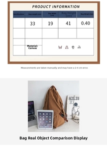 Detailed size chart and dimension specs for the brown canvas student backpack