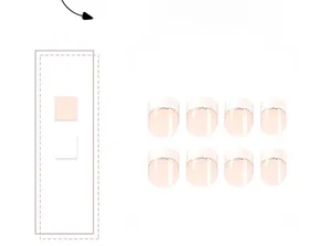 Detail of short French press-on nails with nude pink base and fine gold glitter tips