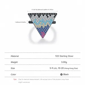 S925 sterling silver pixel triangle ring with colorful pavé cubic zirconia gemstones