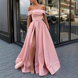 Women Elegant Off Shoulder High Split Satin Evening Dress Polyvinyl Alcohol Fiber Floor Length Formal Party Gown US Size
