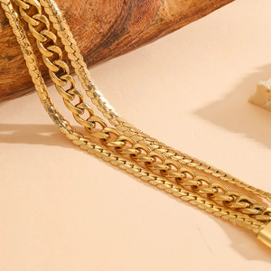Three-layer 18K gold plated titanium steel chain bracelet with flat snake and Cuban links