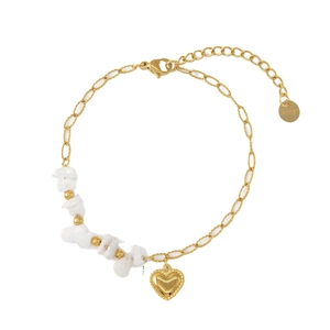 Gold stainless steel bracelet with white natural stone beads and heart pendant on white background