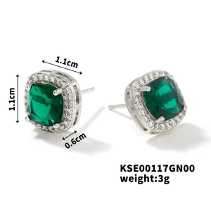 Detailed view of 1.1cm square halo earrings with green zircon and silver finish