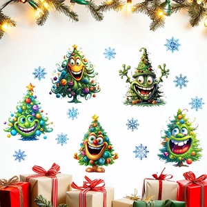 Christmas tree wall stickers with smiling faces and blue snowflakes for festive decoration