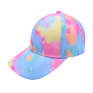 Classic baseball cap with colorful tie-dye patterns in pink, yellow, and sky blue hues