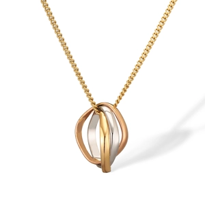 Detail showing the interlocking 18K gold, silver and rose gold rings on the pendant